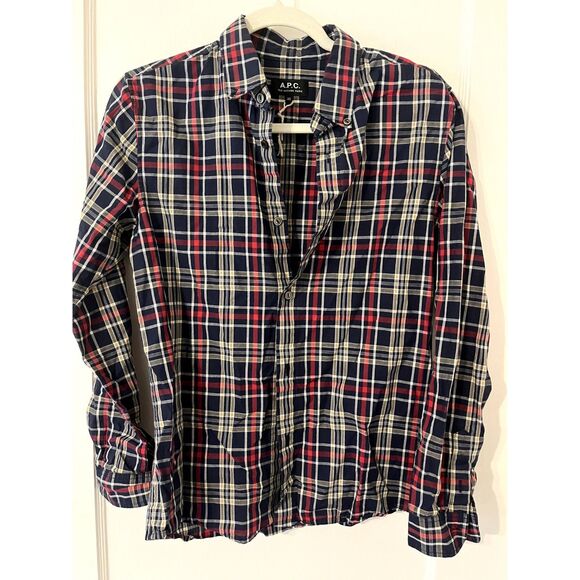 APC Mens Casual Check Shirt Dark Navy Plaid Button Up Size XS - Picture 2 of 6